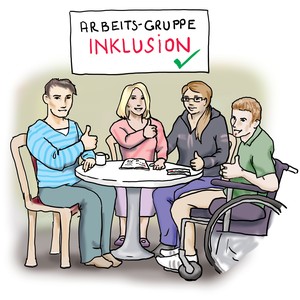 Zwei Männer, von denen einer im Rollstuhl sitzt, und zwei Frauen zeigen den Daumen hoch.