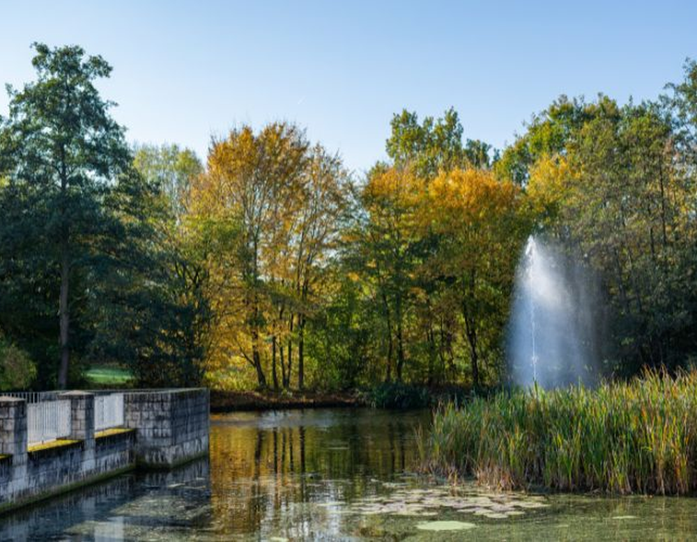 Ausblick auf den See vor dem Schulgebäude.